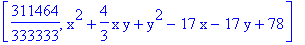 [311464/333333, x^2+4/3*x*y+y^2-17*x-17*y+78]